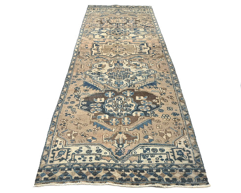 11 Ft Vintage Brown Persian Style Hand Knotted Low Pile Wool Runner Rug